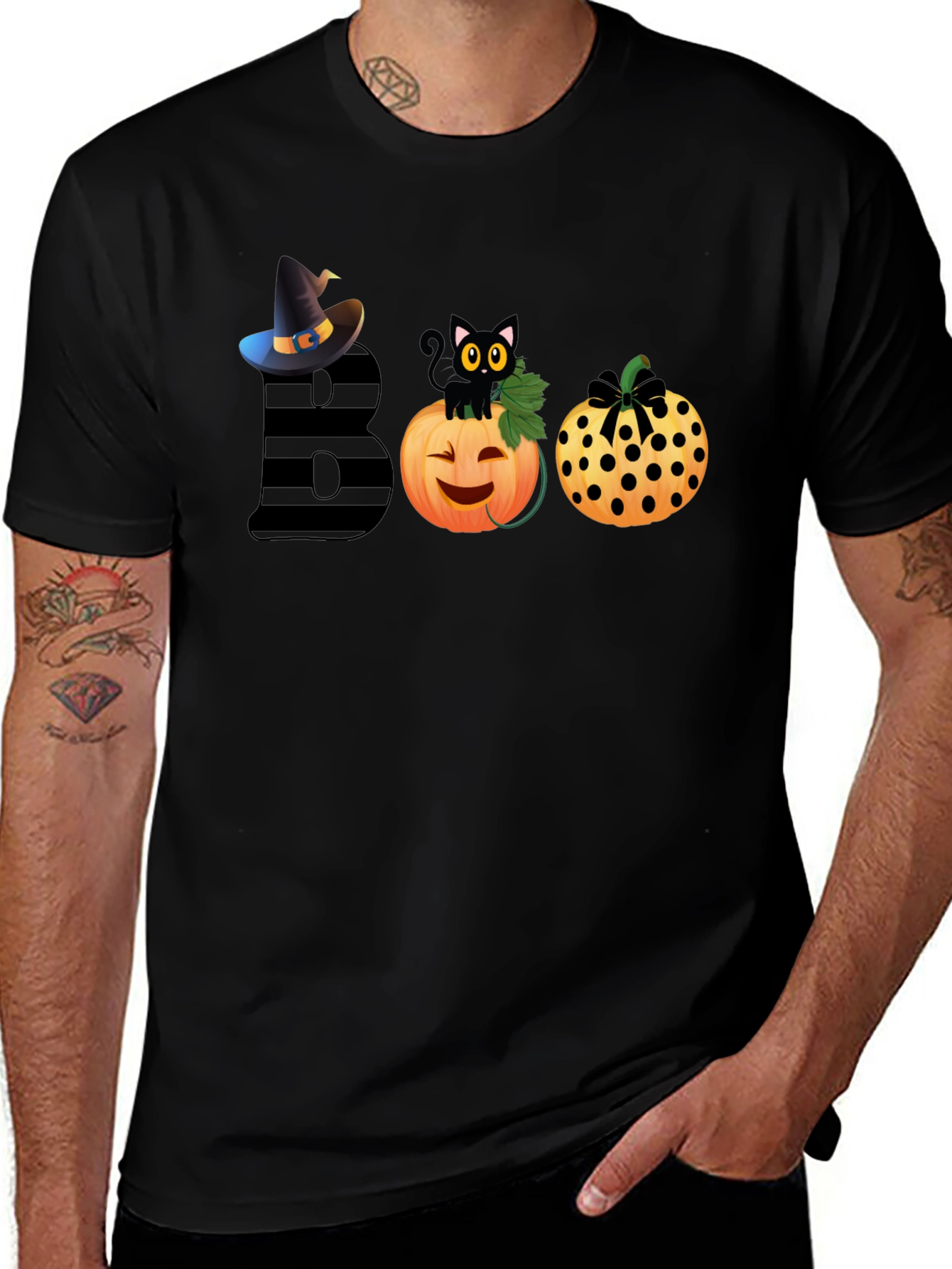 Halloween BOO T-Shirt with Witch Hat & Black Cat