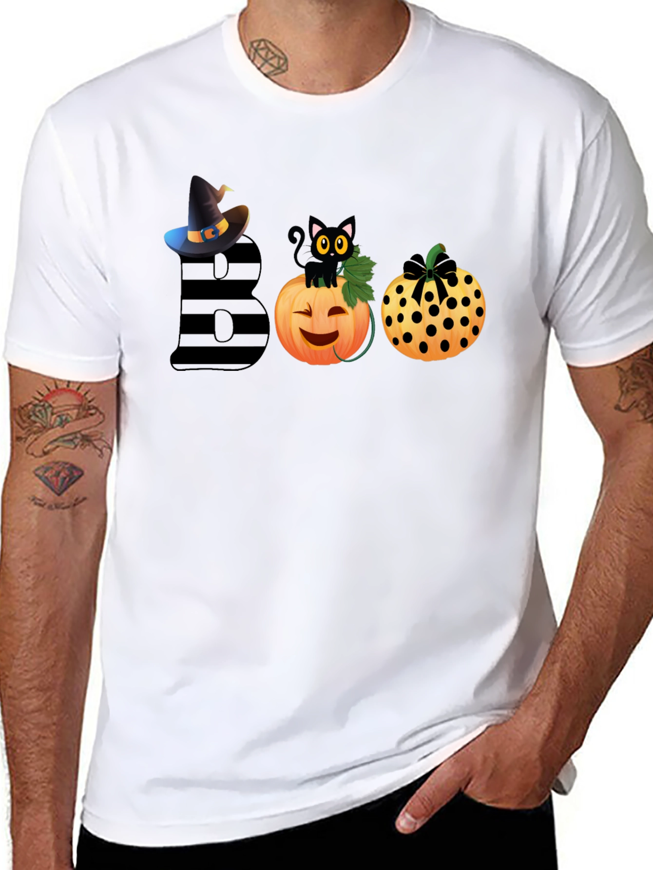 Halloween BOO T-Shirt with Witch Hat & Black Cat