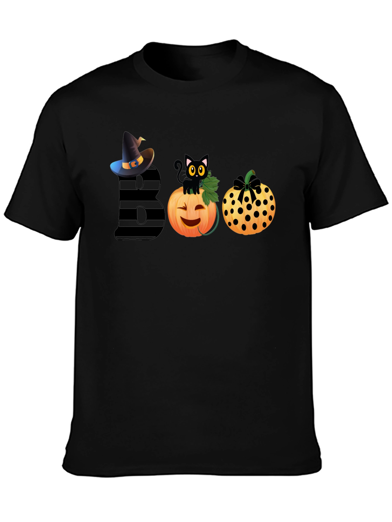 Halloween BOO T-Shirt with Witch Hat & Black Cat