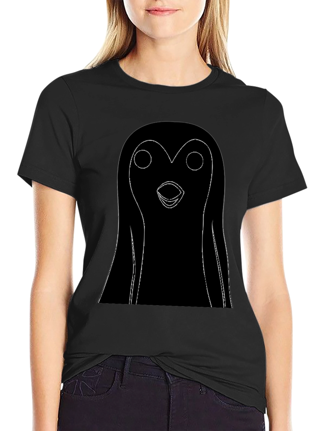 Black T-Shirt with Cartoon Penguin Graphic