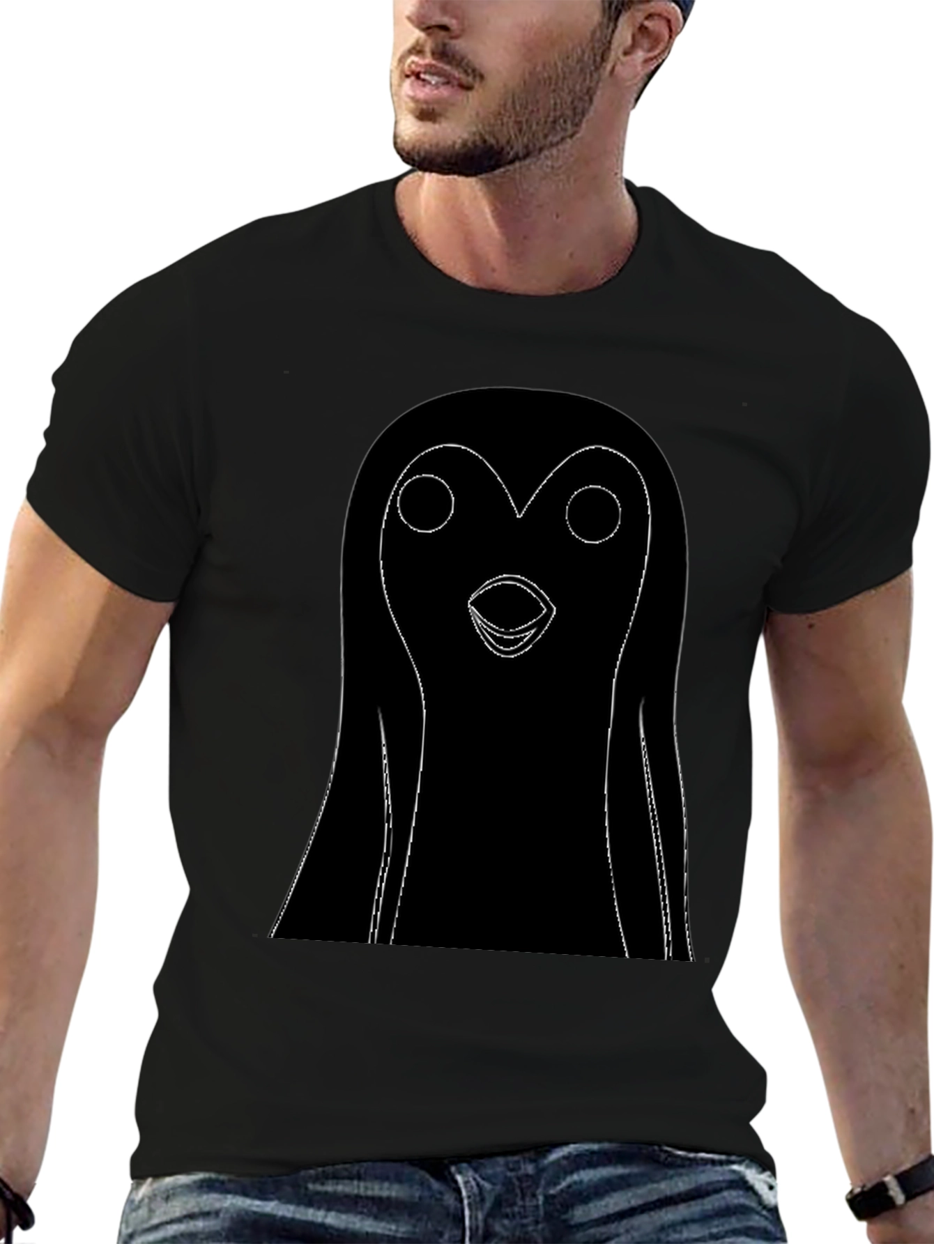 Black T-Shirt with Cartoon Penguin Graphic