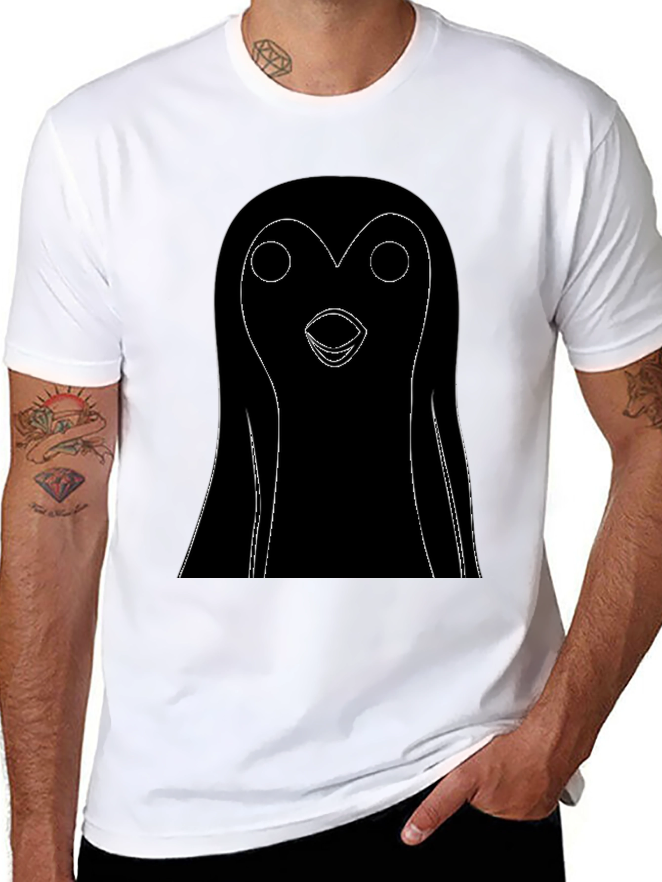 Black T-Shirt with Cartoon Penguin Graphic