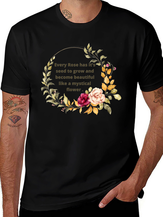 Mystical Rose Flower Graphic Black T-Shirt
