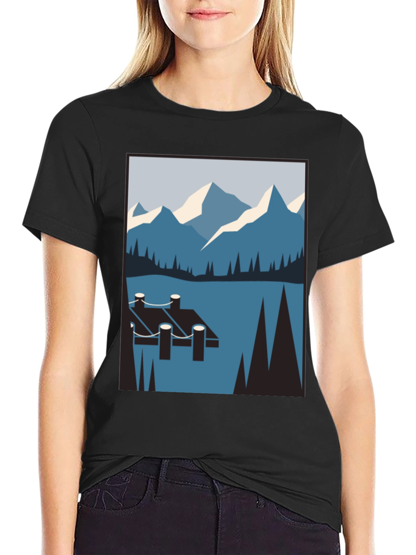Mountain Lake Scene Graphic T-Shirt