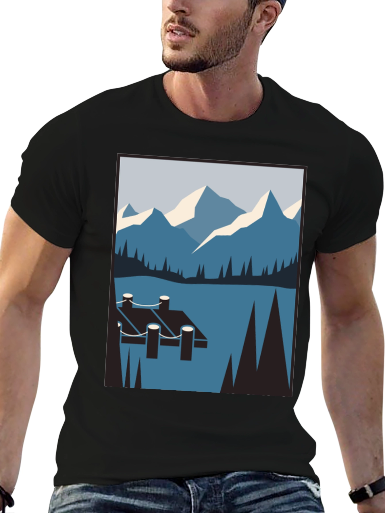Mountain Lake Scene Graphic T-Shirt