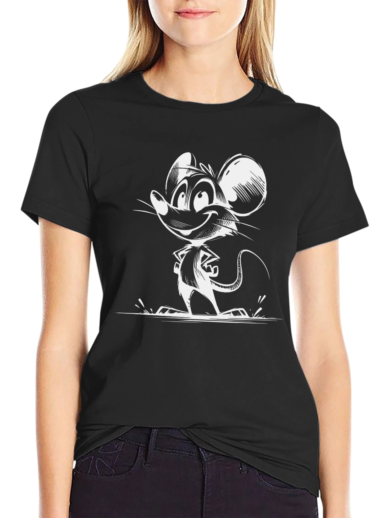 Cartoon Mouse Graphic Tee - Black Cotton T-Shirt