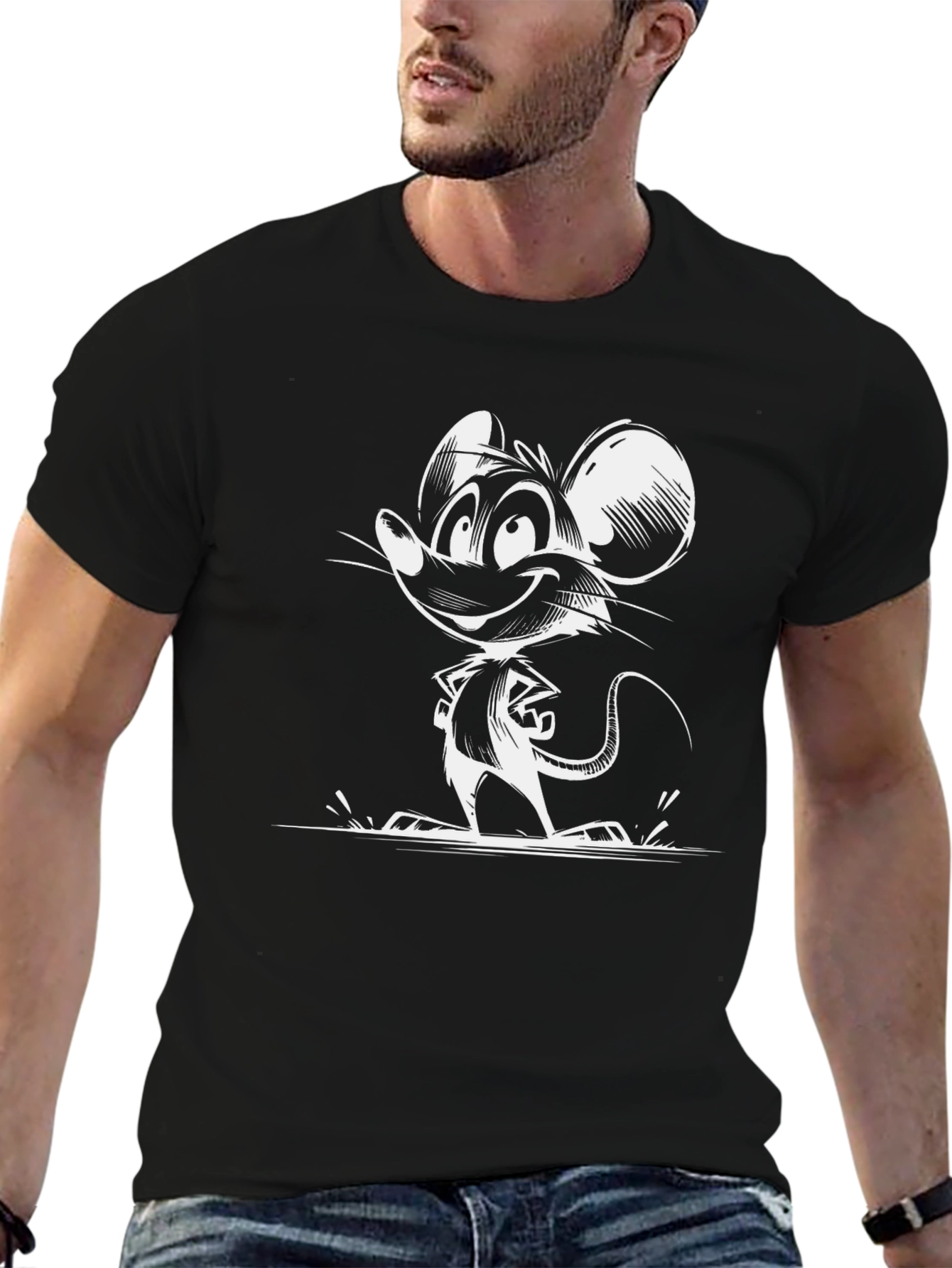 Cartoon Mouse Graphic Tee - Black Cotton T-Shirt