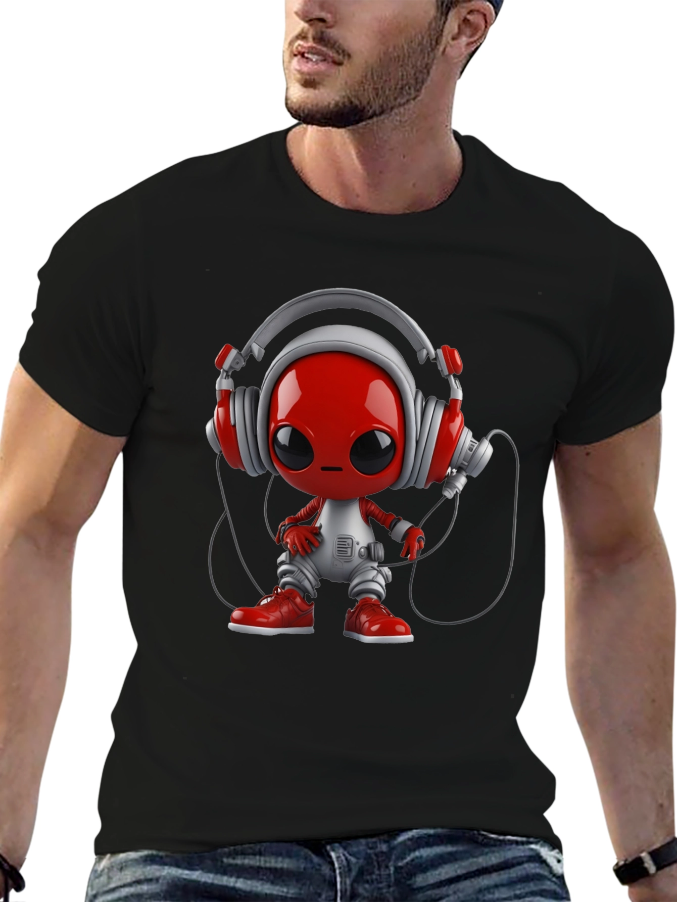 Stylish Black T-Shirt with Alien DJ Graphic
