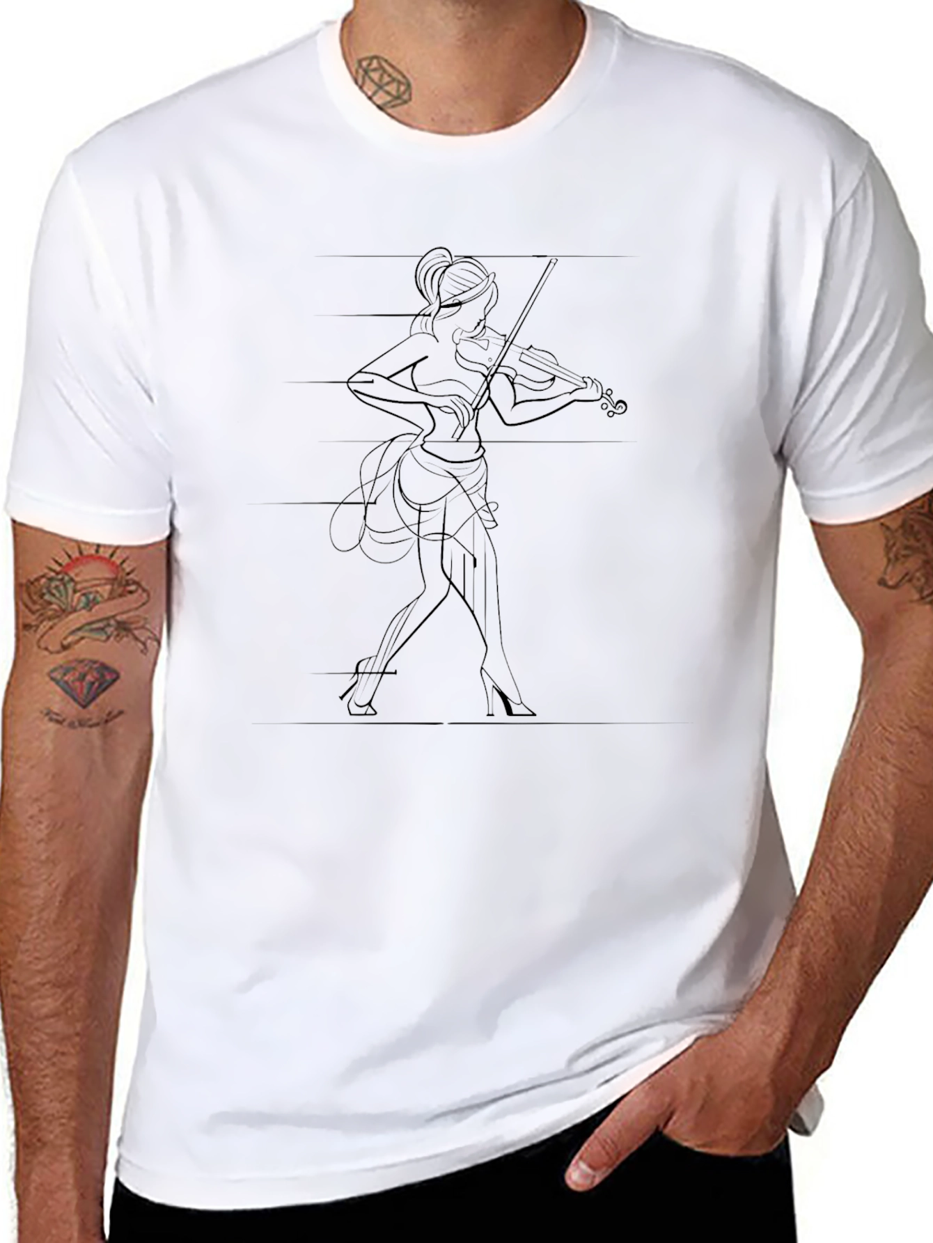 Elegant Violinist Line Art Black T-Shirt