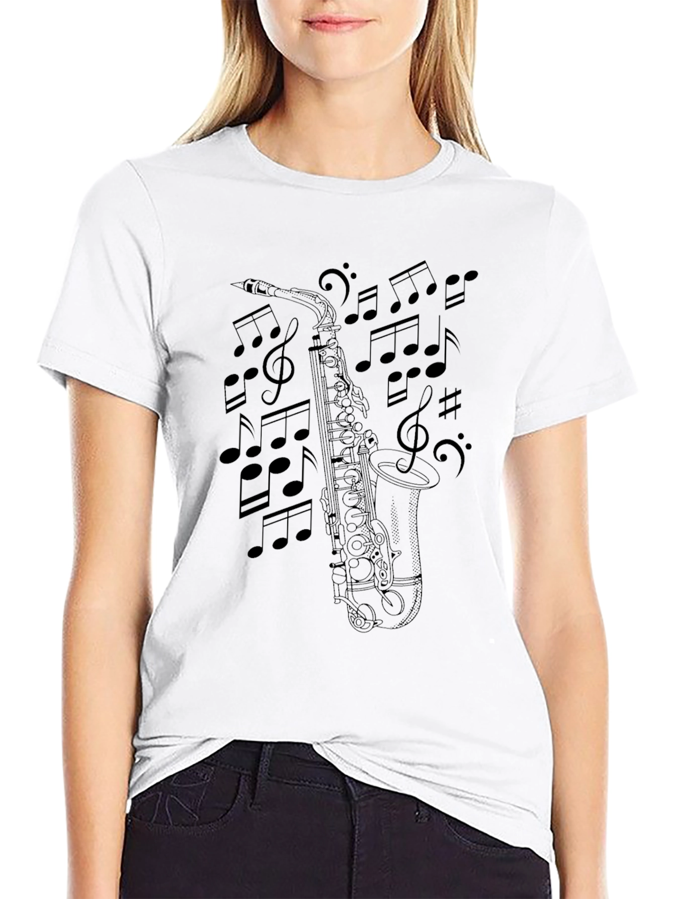 Saxophone & Music Notes Black T-Shirt