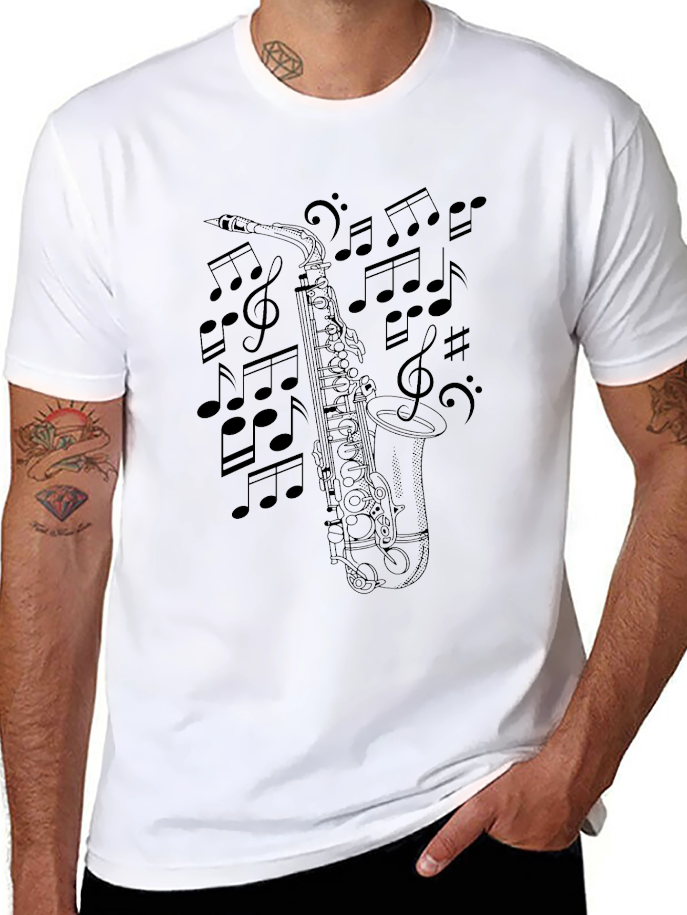 Saxophone & Music Notes Black T-Shirt