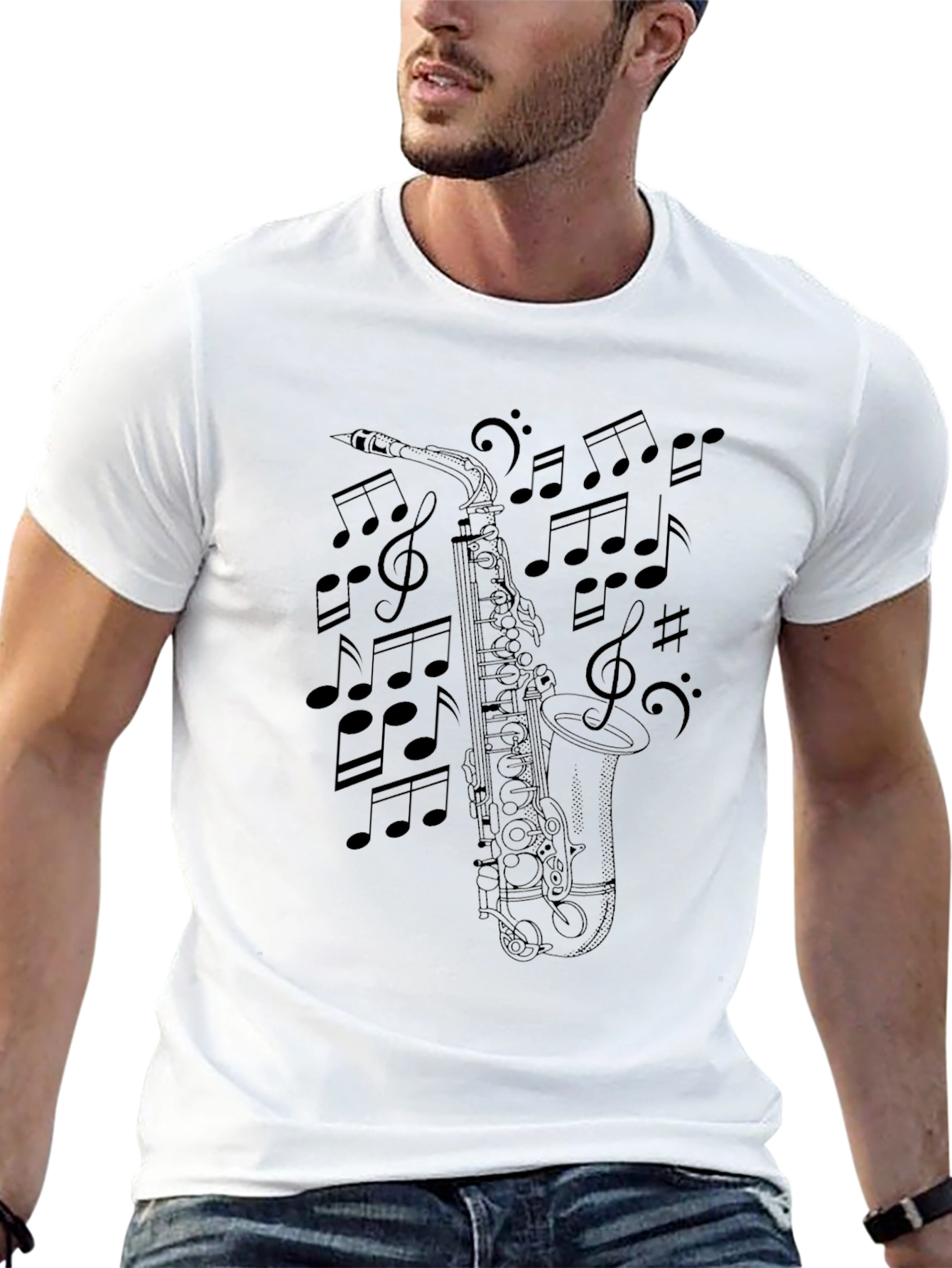 Saxophone & Music Notes Black T-Shirt