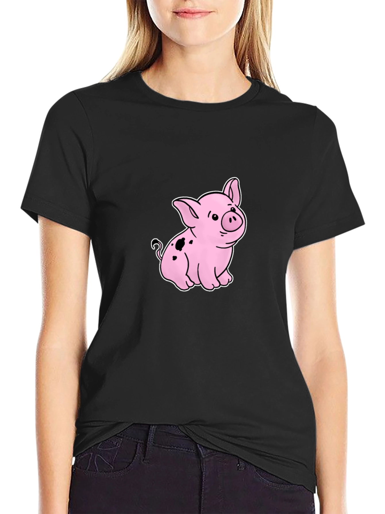 Cute Piglet Graphic Black T-Shirt