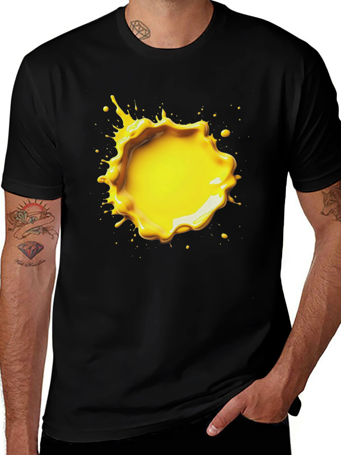 Black T-Shirt with Yellow Splatter Graphic