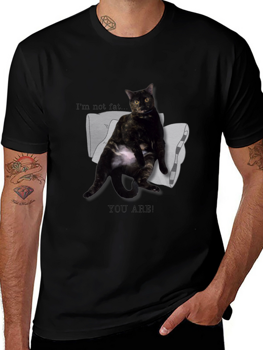 Funny Cat Graphic Tee - Im Not Fat You Are! Black Cotton T-Shirt