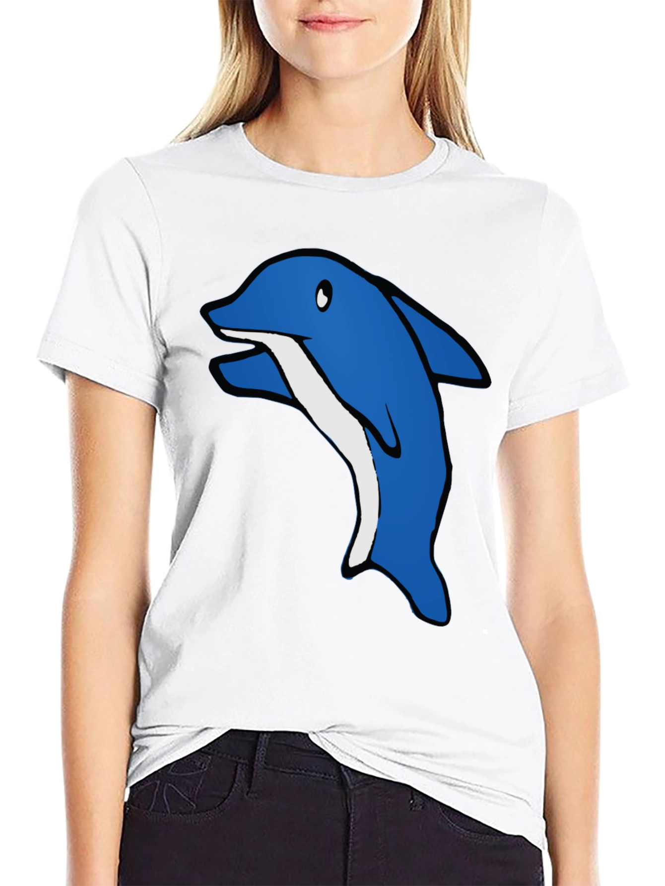 Cartoon Dolphin Graphic Tee - Black Cotton T-Shirt