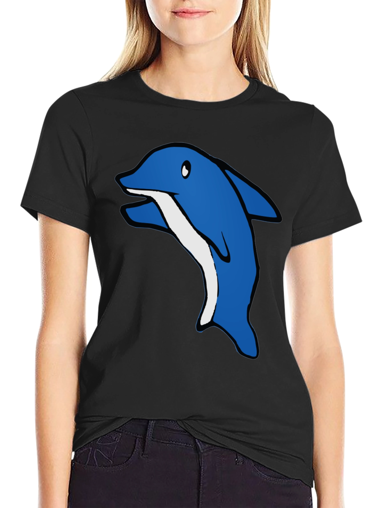 Cartoon Dolphin Graphic Tee - Black Cotton T-Shirt