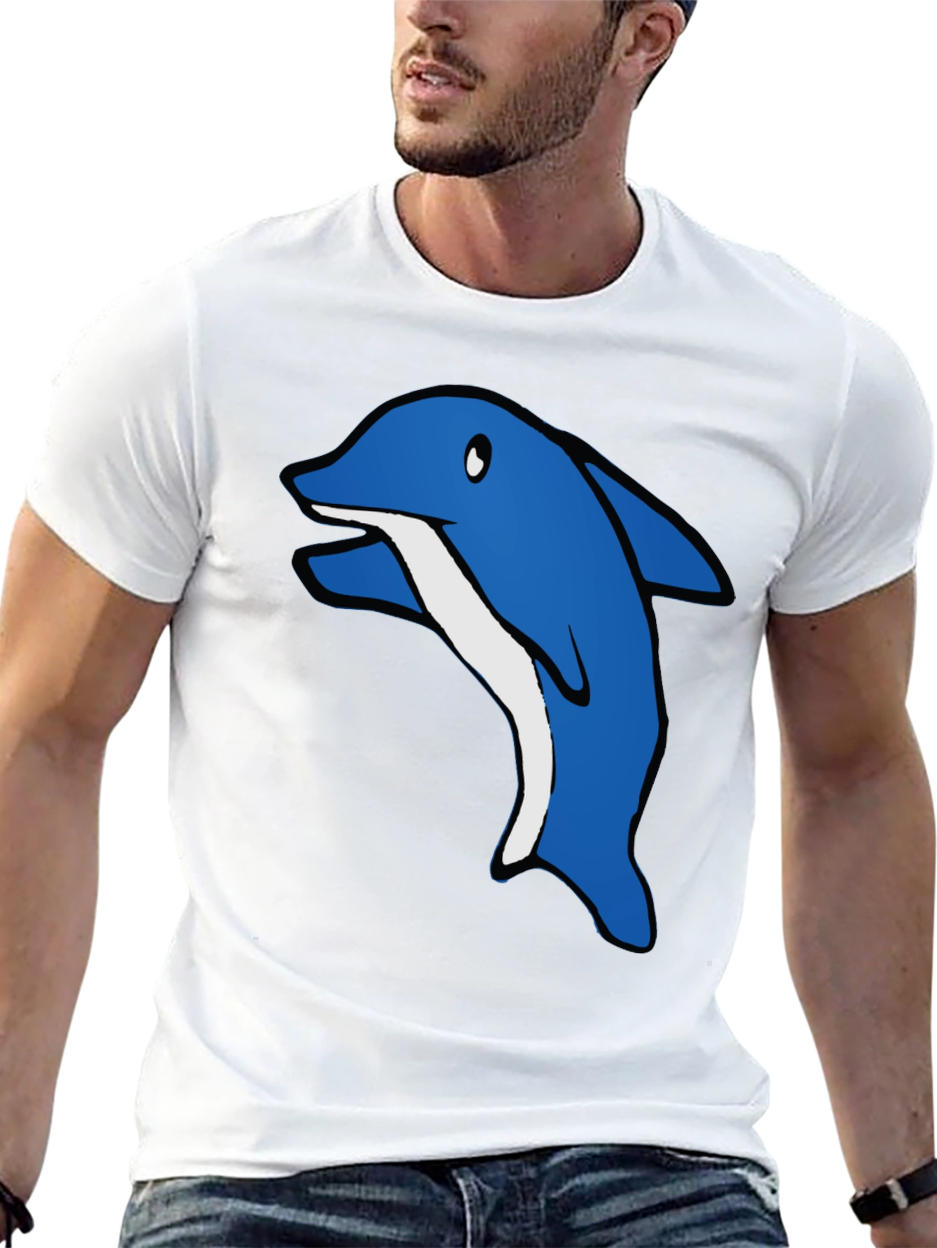 Cartoon Dolphin Graphic Tee - Black Cotton T-Shirt