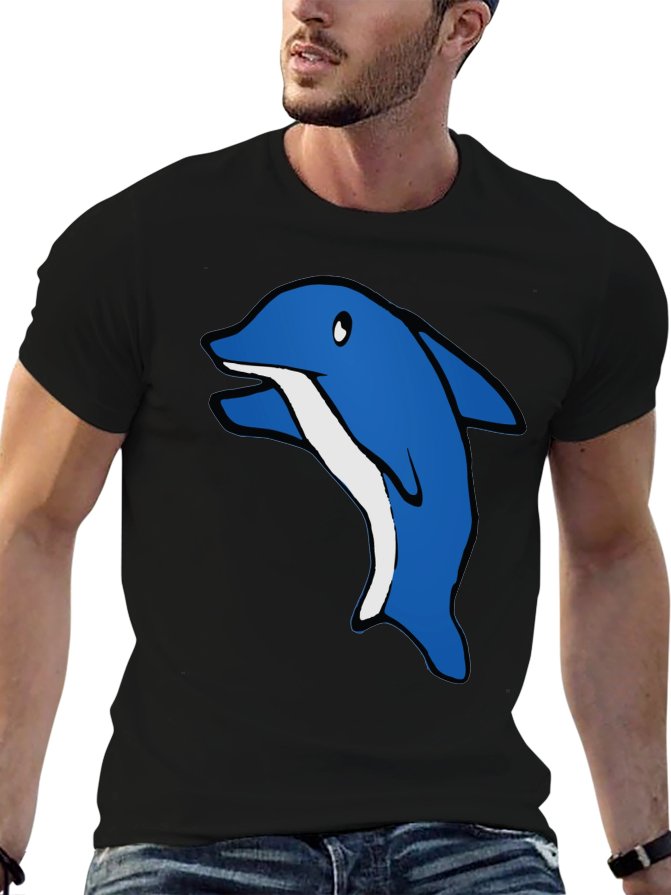 Cartoon Dolphin Graphic Tee - Black Cotton T-Shirt