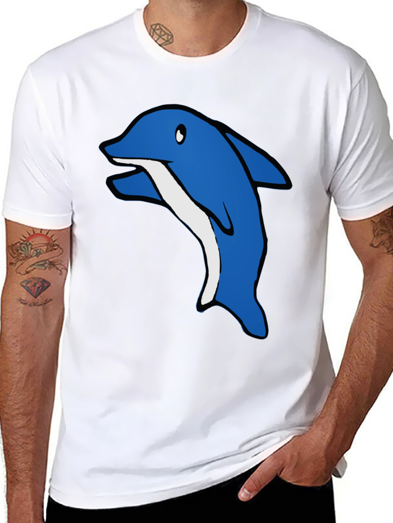 Cartoon Dolphin Graphic Tee - Black Cotton T-Shirt