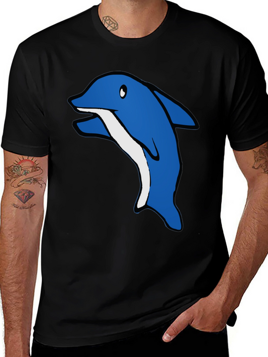 Cartoon Dolphin Graphic Tee - Black Cotton T-Shirt