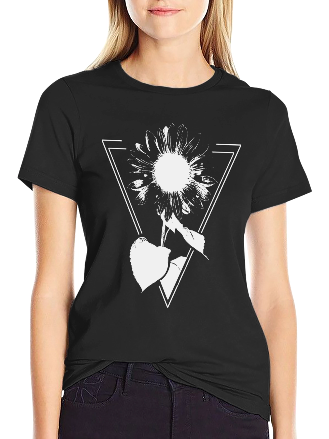 Geometric Floral Graphic Tee - Black Cotton Blend