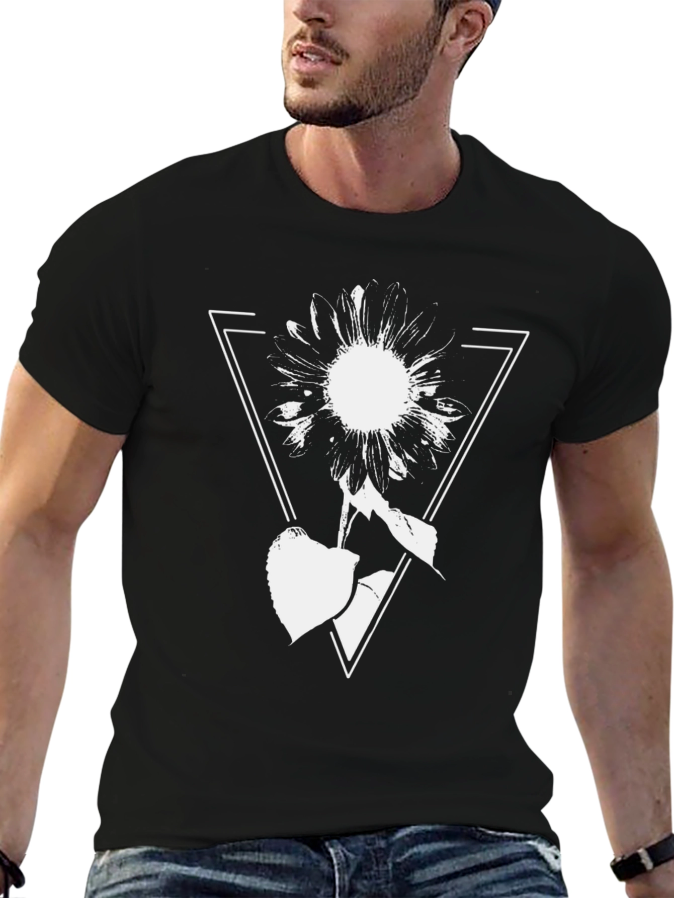 Geometric Floral Graphic Tee - Black Cotton Blend