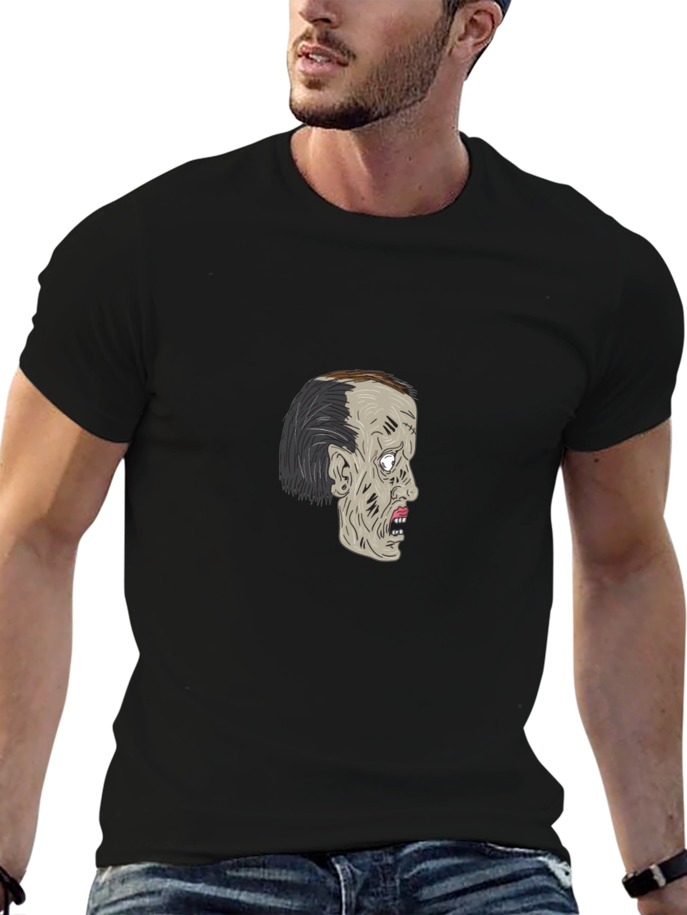 Zombie Head Graphic T-Shirt - Black Cotton Tee