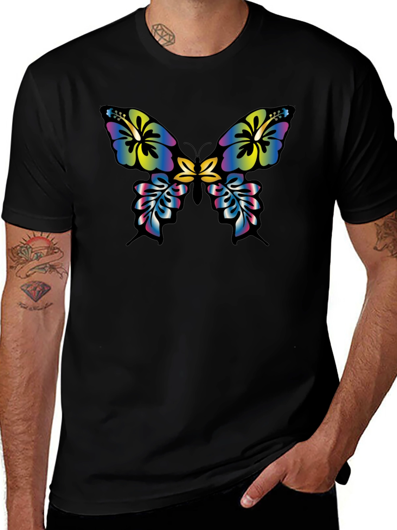 Floral Butterfly Graphic Tee - Casual Black T-Shirt