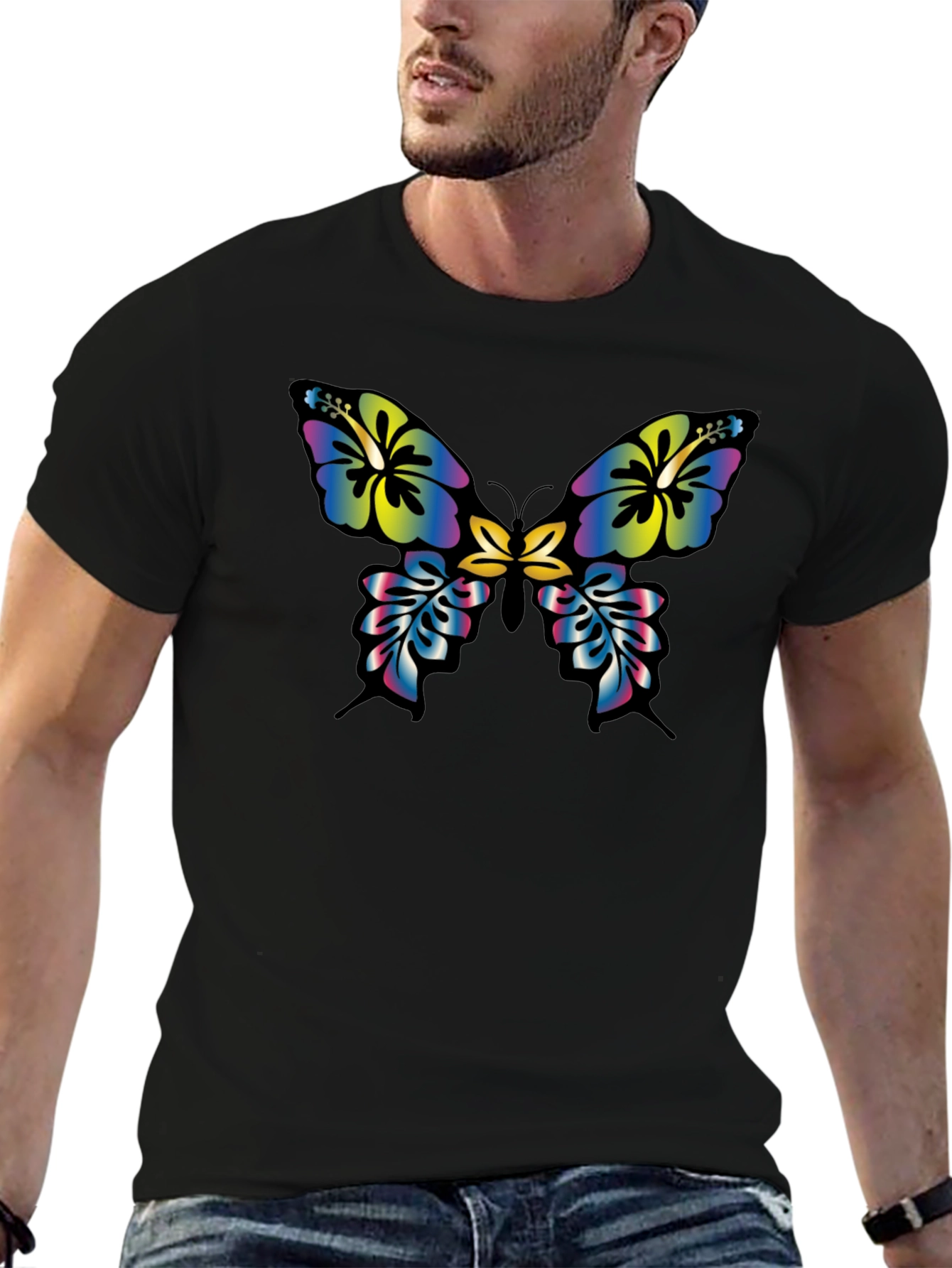 Floral Butterfly Graphic Tee - Casual Black T-Shirt