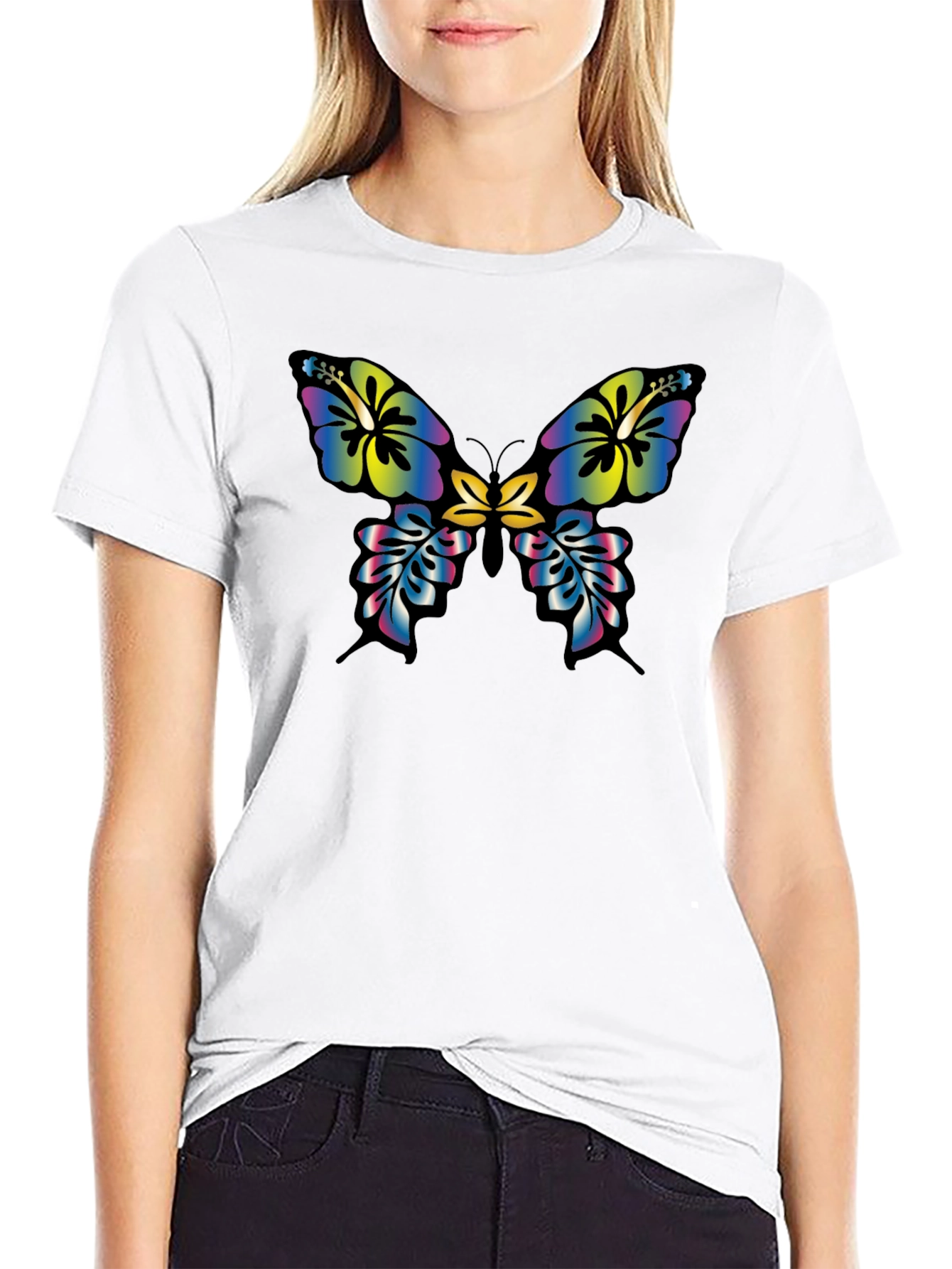 Floral Butterfly Graphic Tee - Casual Black T-Shirt