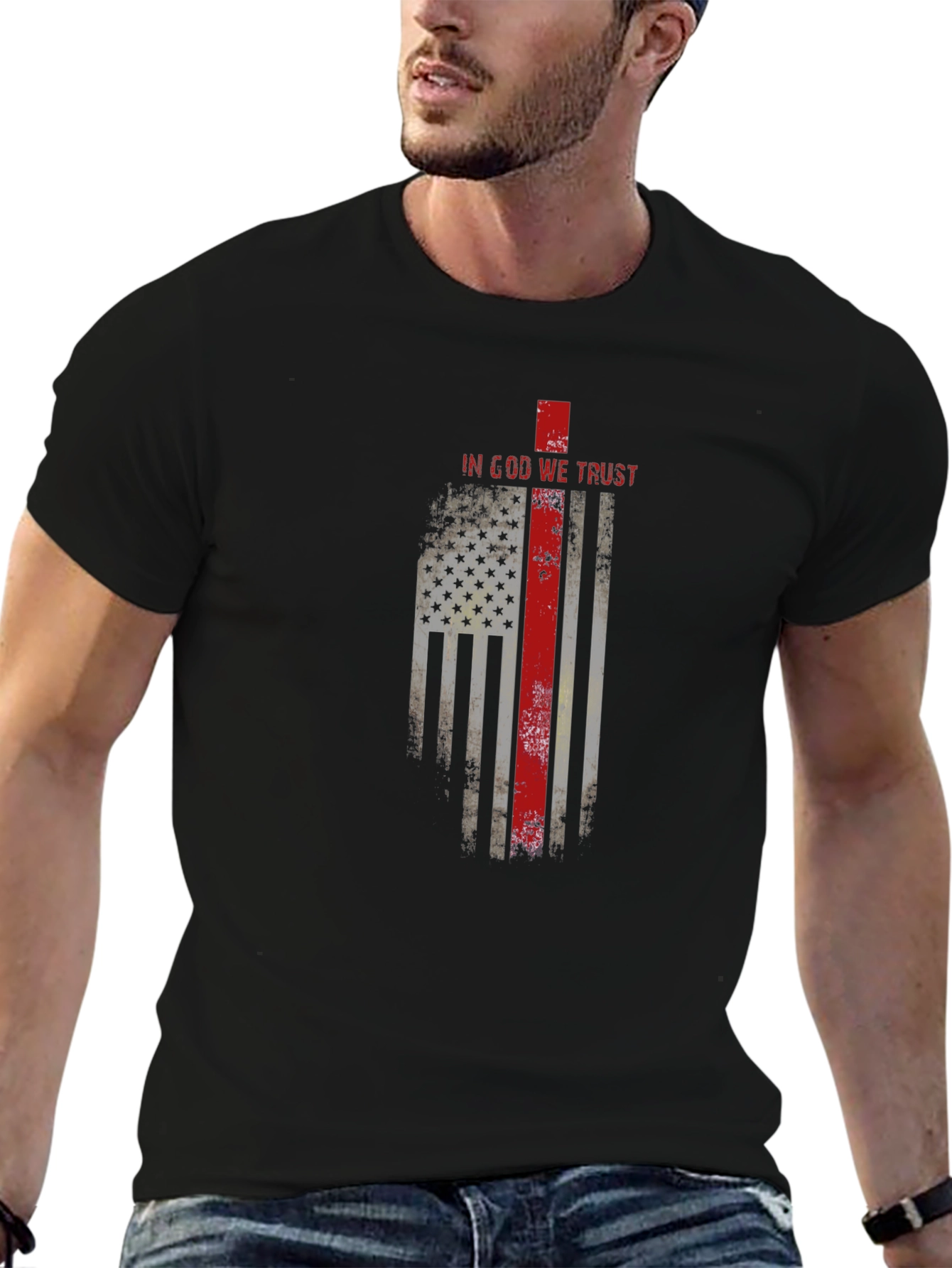 In God We Trust Firefighter Flag Graphic T-Shirt