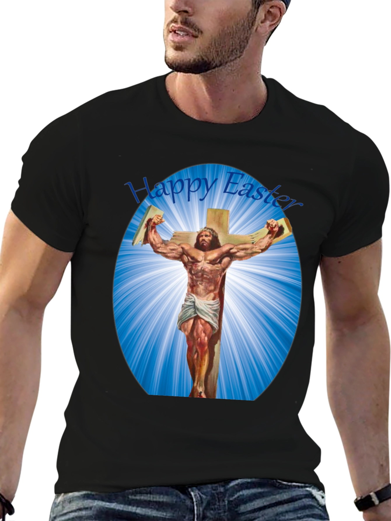 Happy Easter Shirt - Muscular Jesus on Cross Design