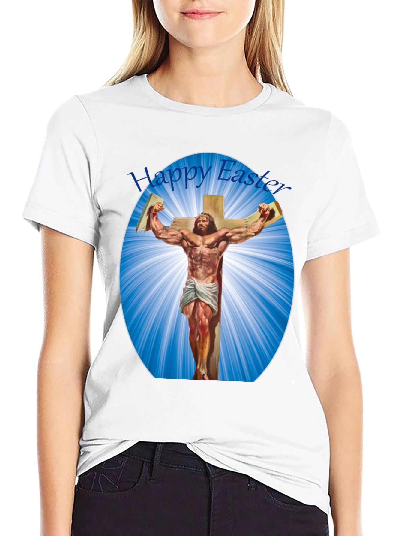 Happy Easter Shirt - Muscular Jesus on Cross Design