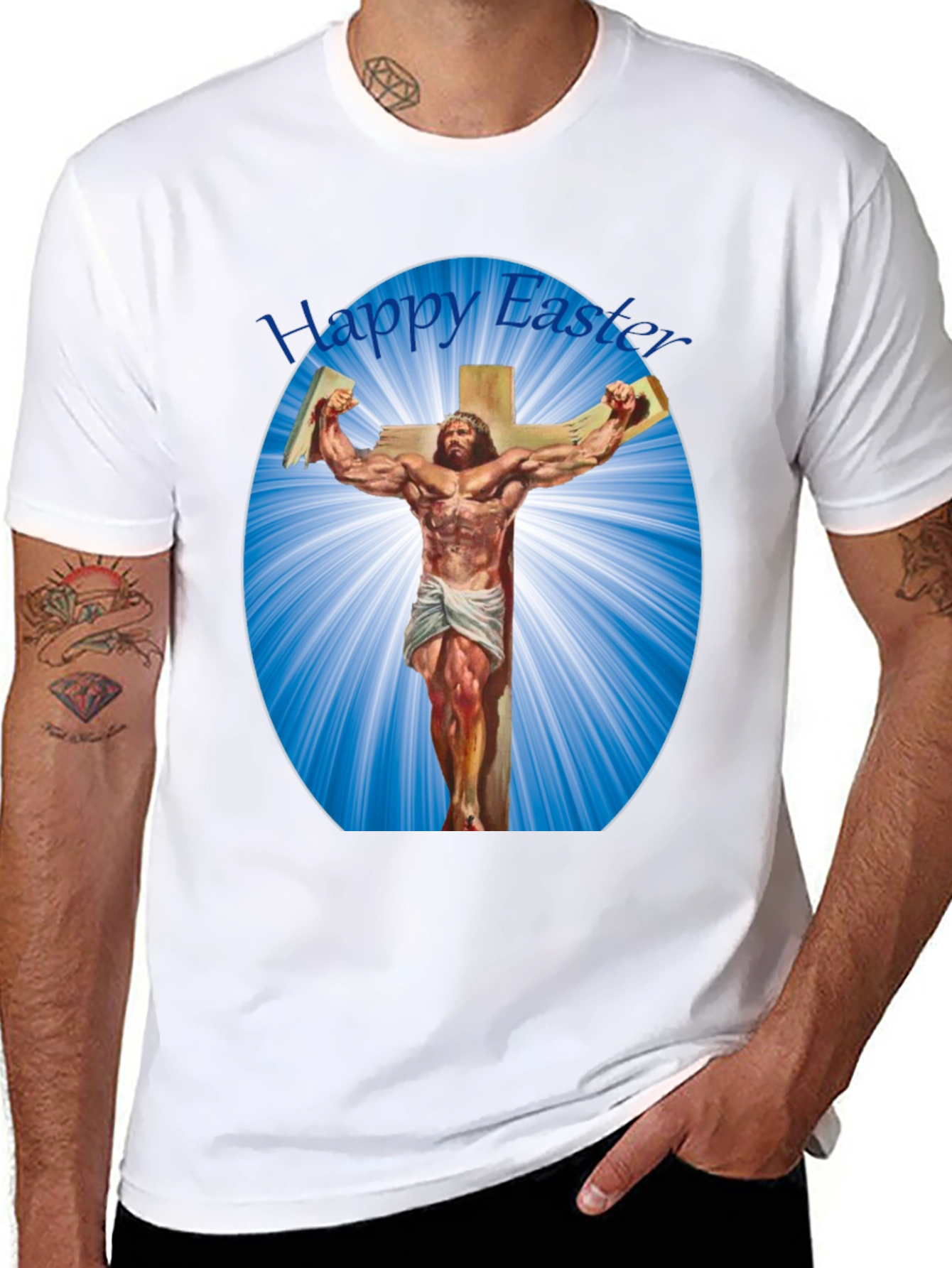 Happy Easter Shirt - Muscular Jesus on Cross Design