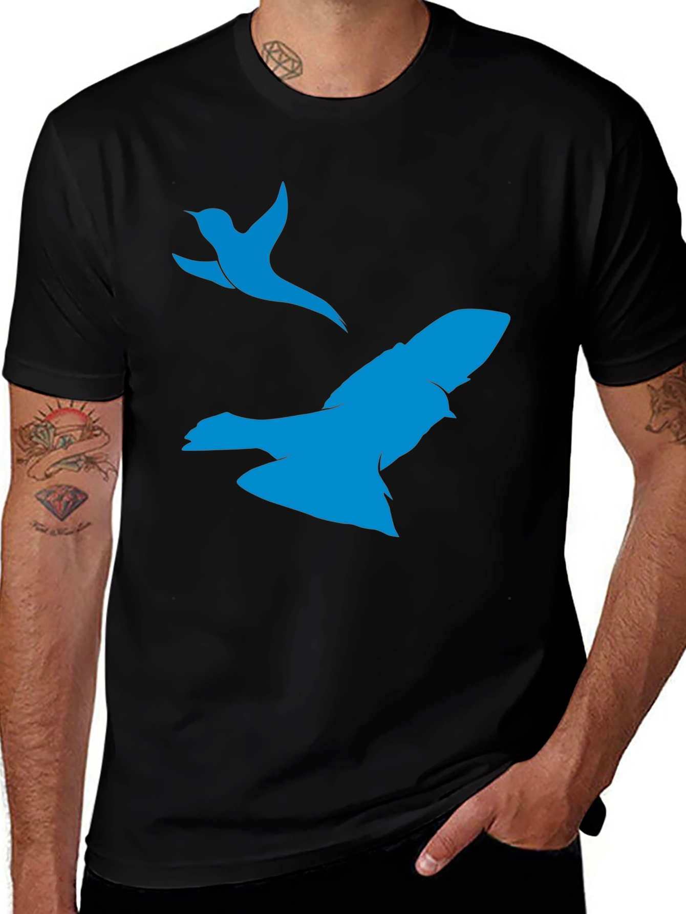 Black T-Shirt with Blue Bird Print