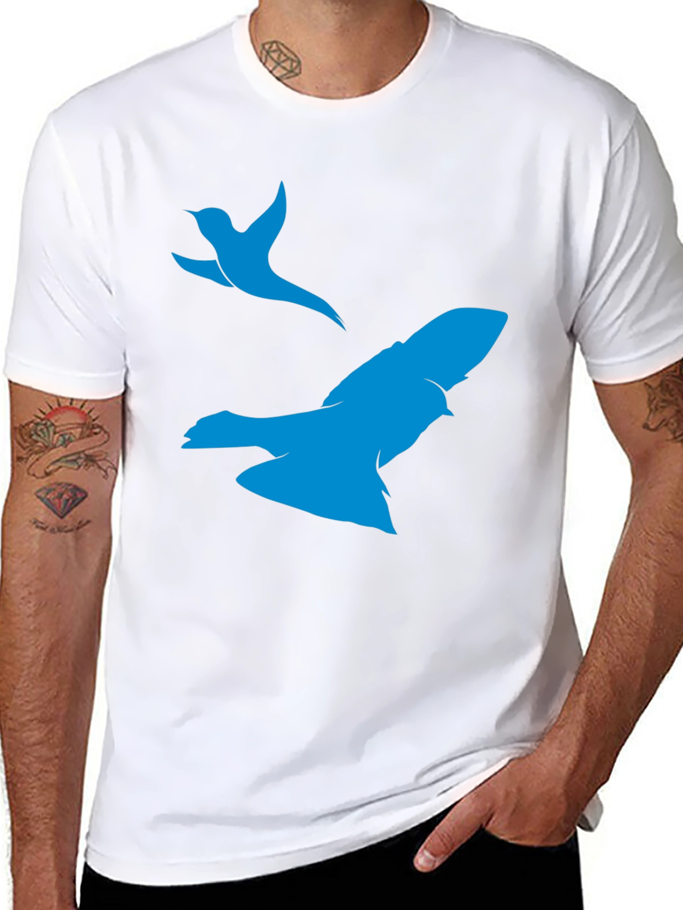 Black T-Shirt with Blue Bird Print
