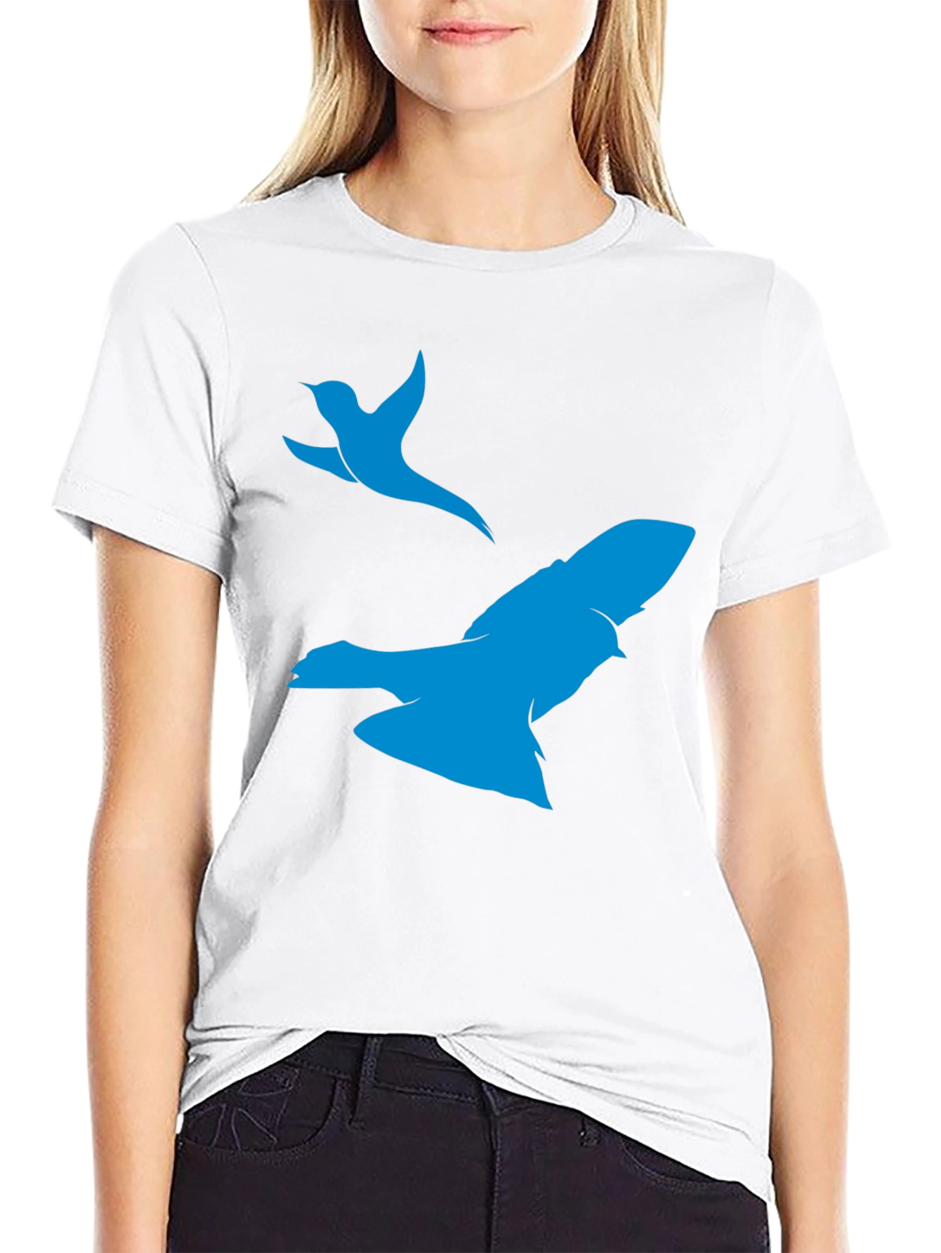 Black T-Shirt with Blue Bird Print