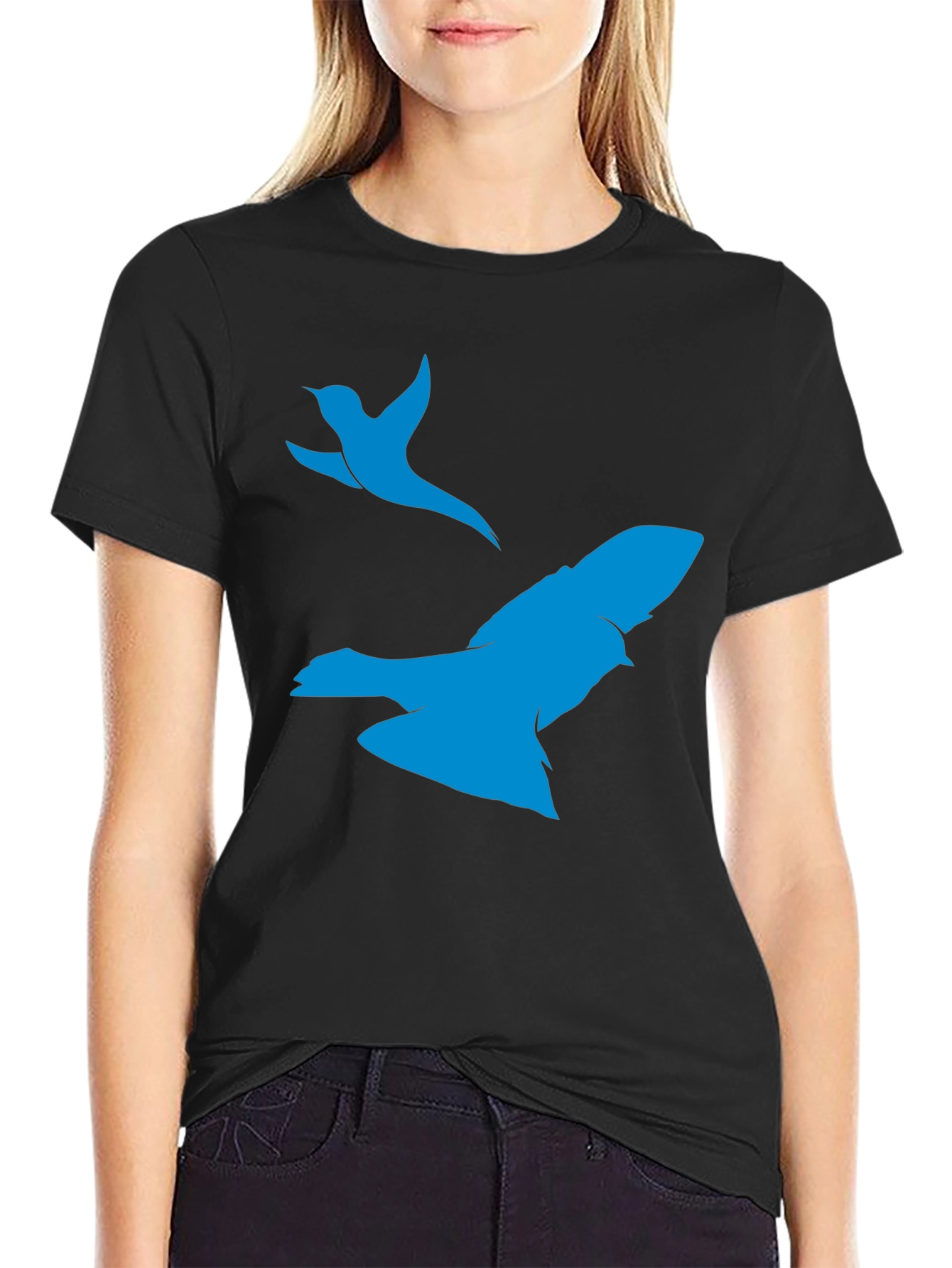 Black T-Shirt with Blue Bird Print