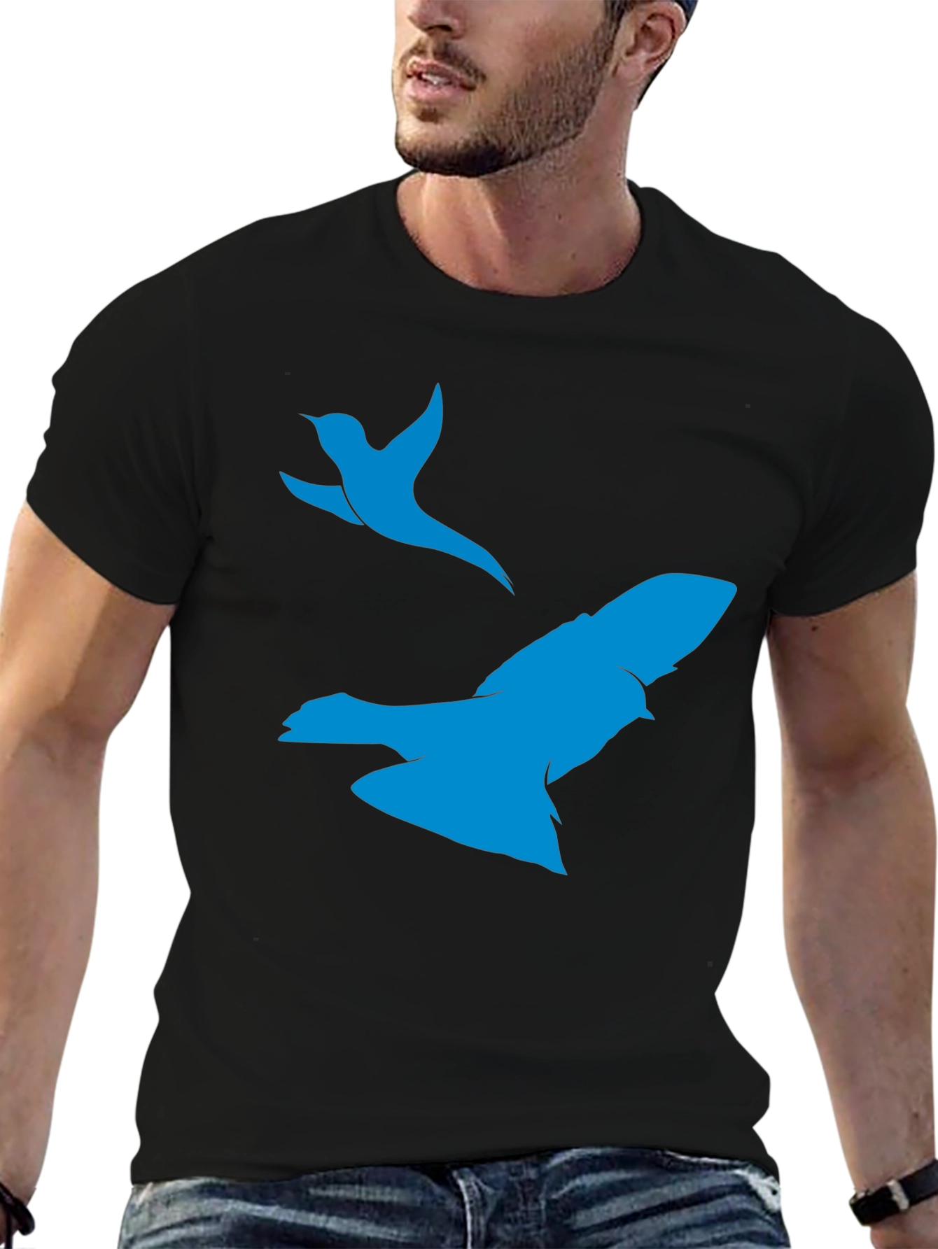 Black T-Shirt with Blue Bird Print