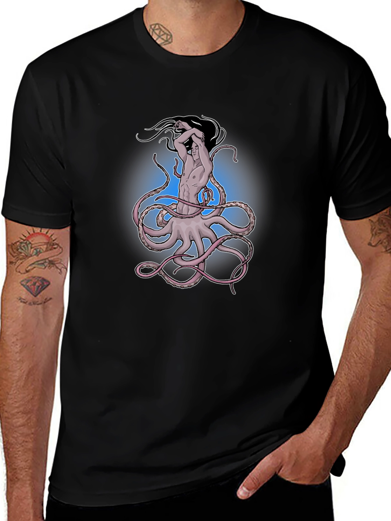 Octopus Man Graphic Tee - Black Cotton Shirt