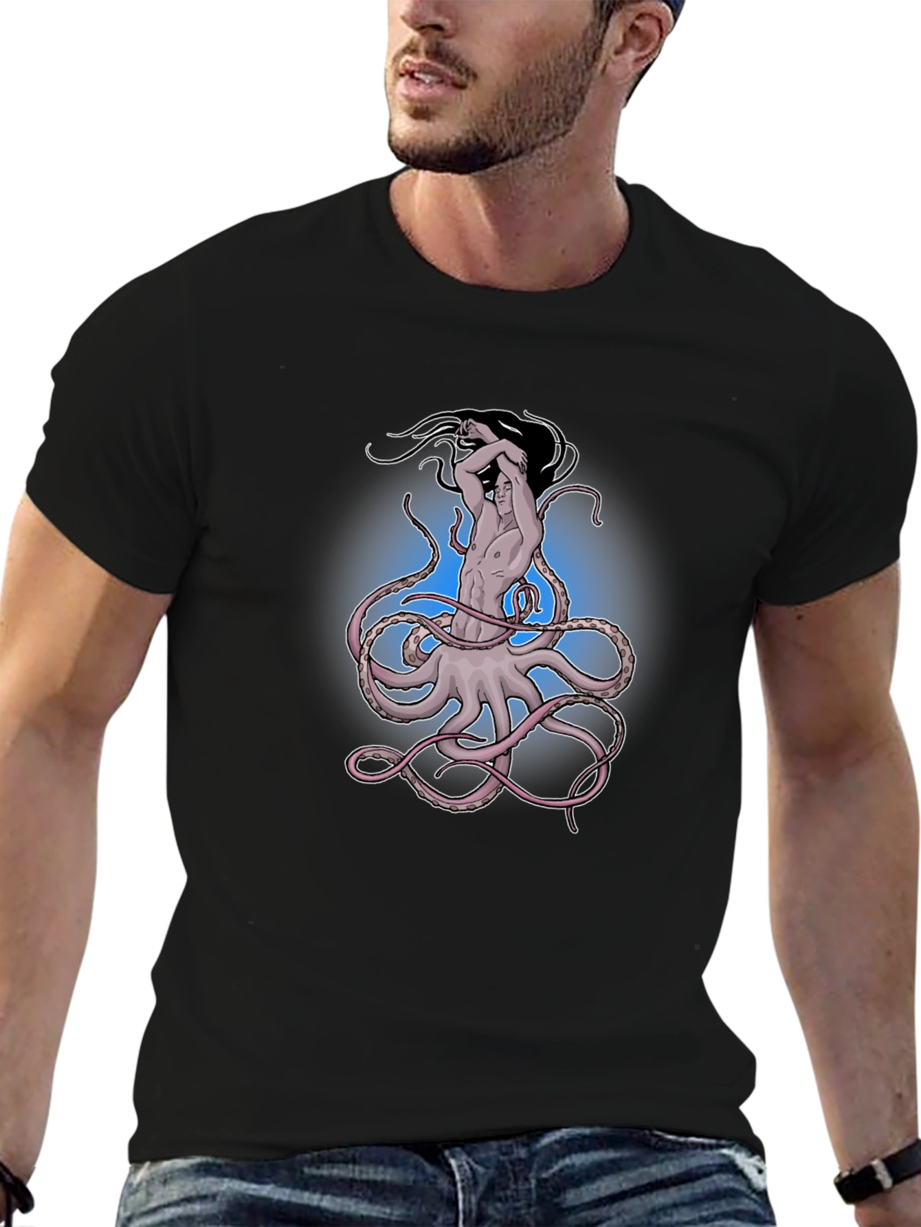 Octopus Man Graphic Tee - Black Cotton Shirt