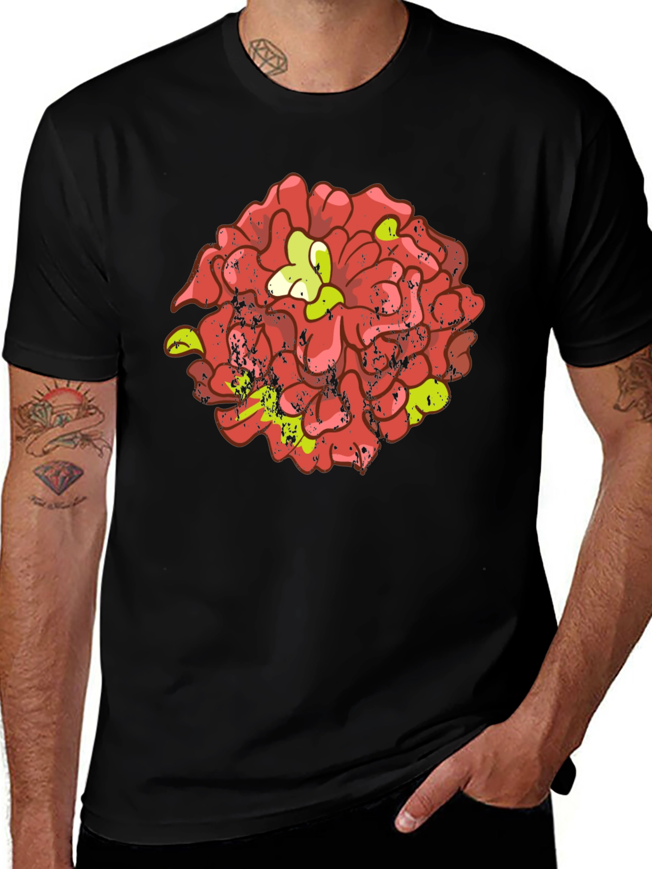 Floral Graphic Tee - Distressed Red Flower Design