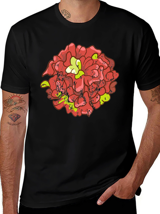 Floral Graphic Tee - Distressed Red Flower Design