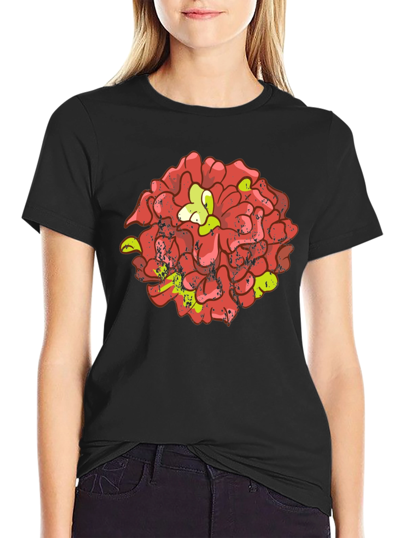Floral Graphic Tee - Distressed Red Flower Design