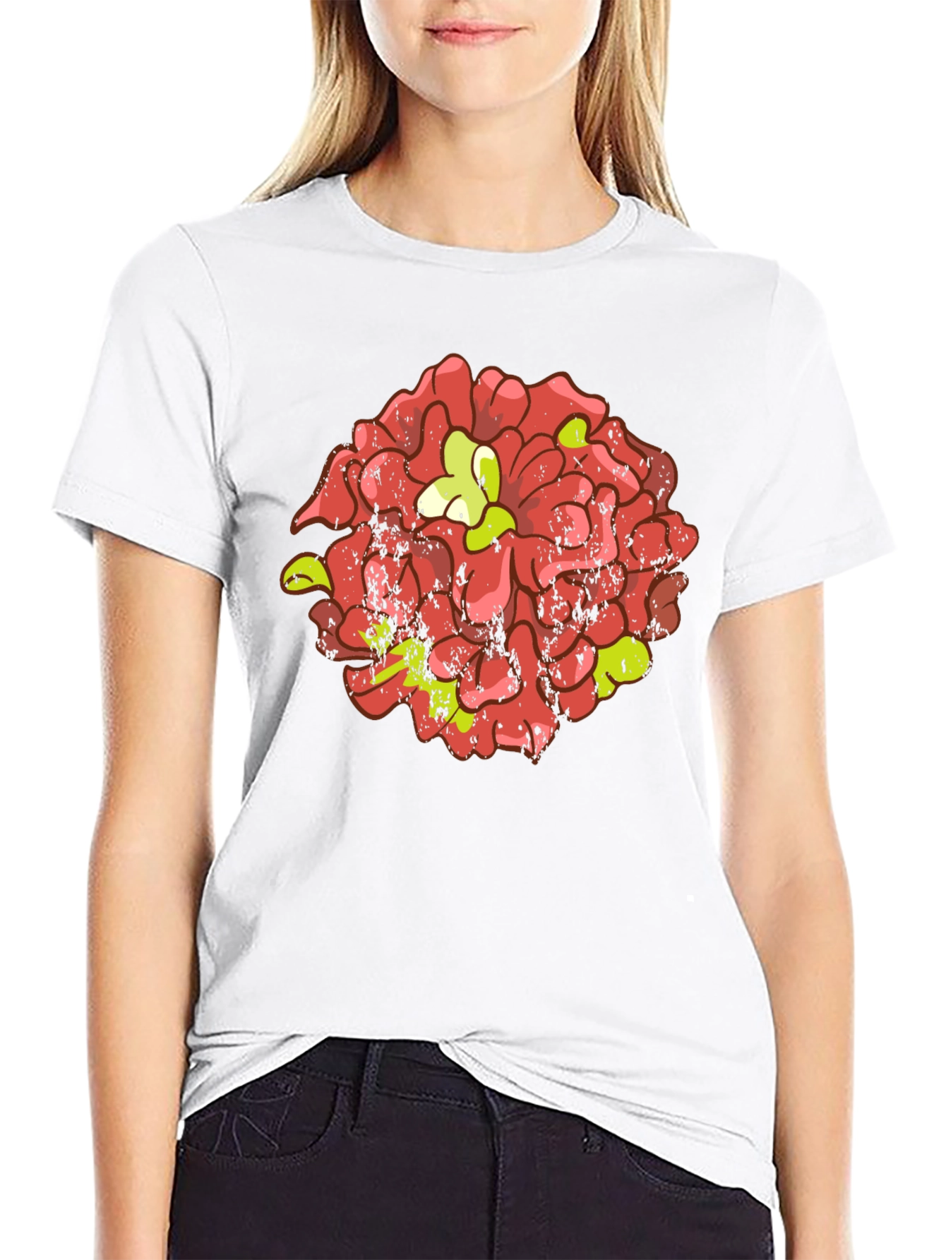 Floral Graphic Tee - Distressed Red Flower Design