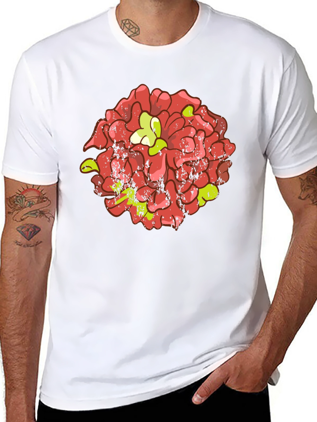 Floral Graphic Tee - Distressed Red Flower Design