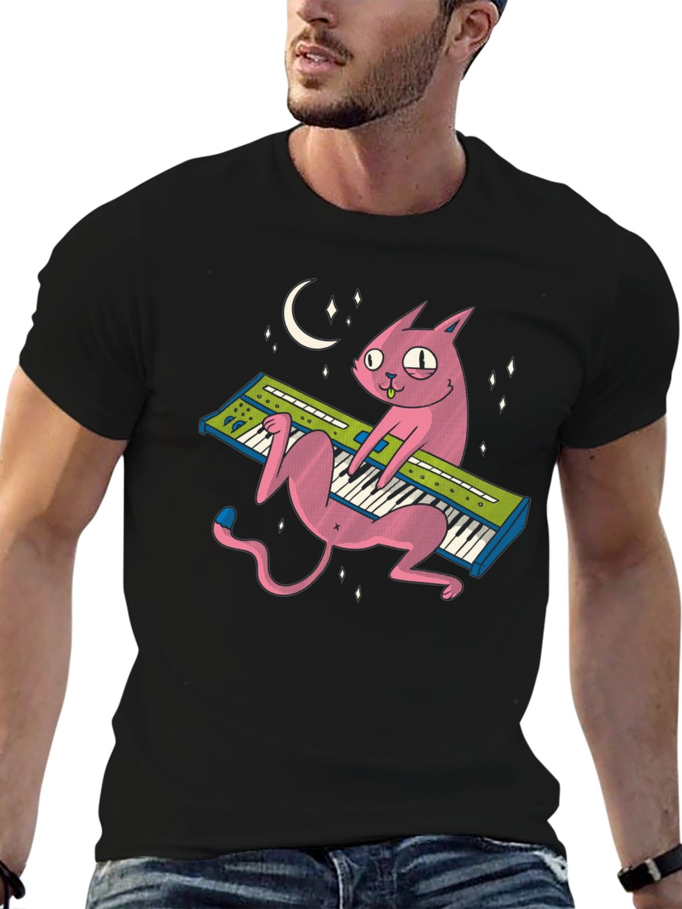 Cat Keyboardist T-Shirt: Cool Black Tee