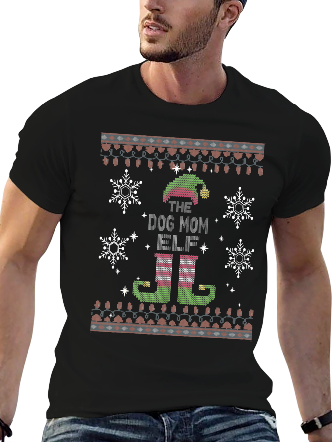 Dog Mom Elf Ugly Christmas Sweater Style T-Shirt