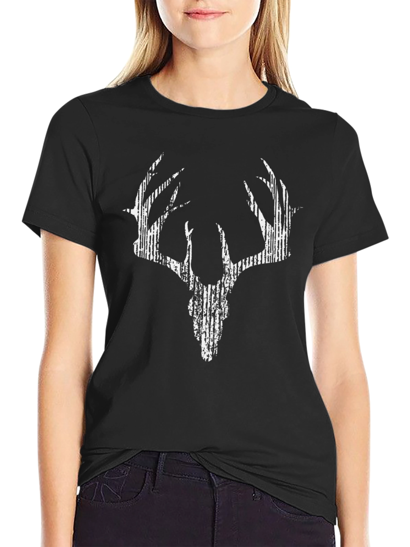 Graphic Deer Skull Print Tee - Casual Black T-Shirt